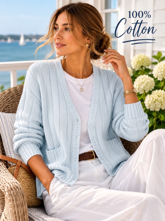unbranded Sweaters - 100% Cotton Ribbed Cardigan Sweater Coastal Light Blue Size Small / Medium
